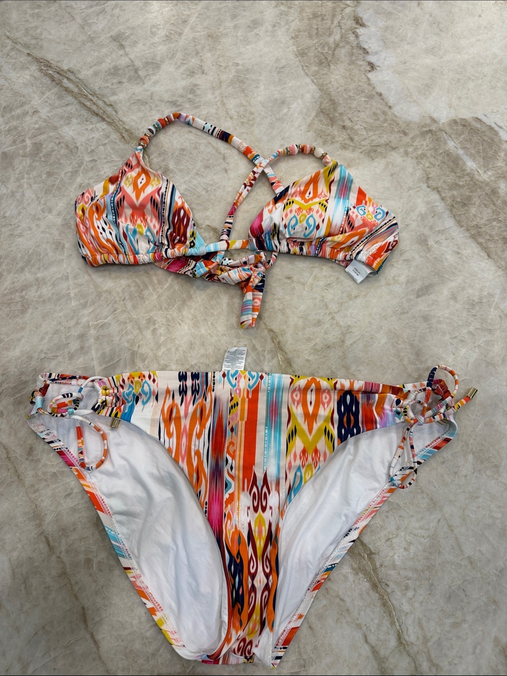 La Blanca Multicolor Ikat Print Bikini in White and Bright Accents size 16
